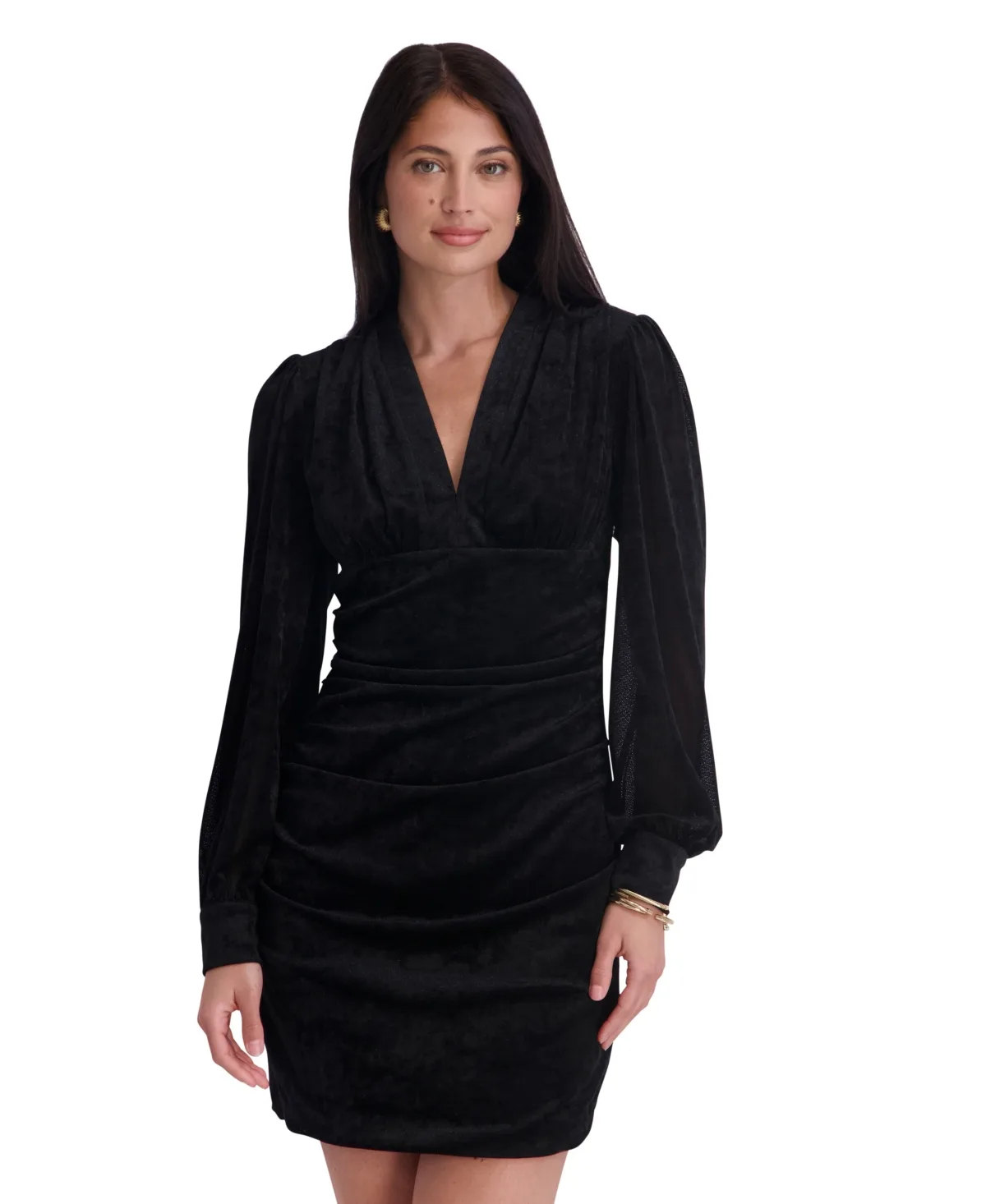 Velvet Mesh V-Neck Ruched Long-Sleeve Mini Dress