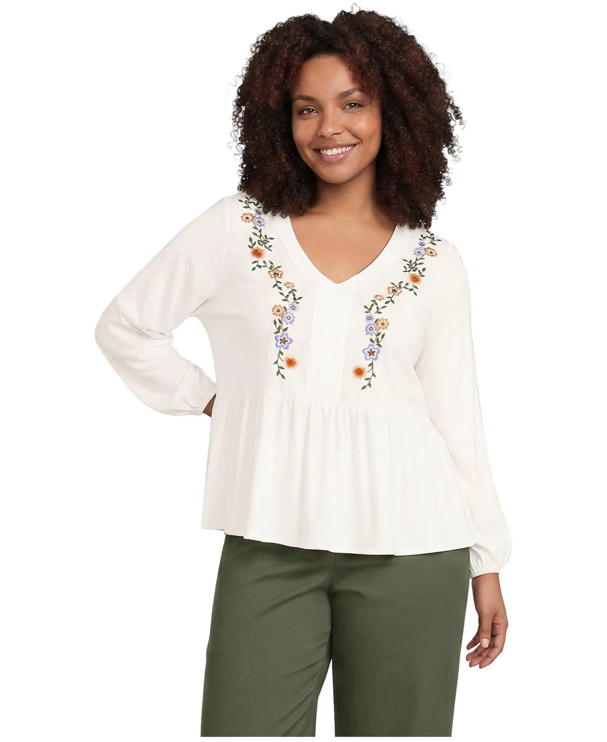 Puff-Sleeve V-Neck Embroidered Blouse by Lands' End