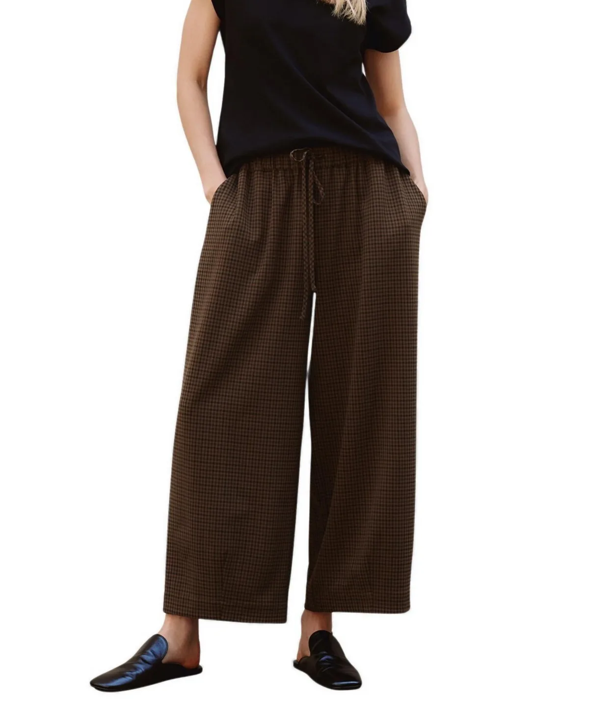 Gingham-Print Drawstring Wide-Leg Culotte by Albaray