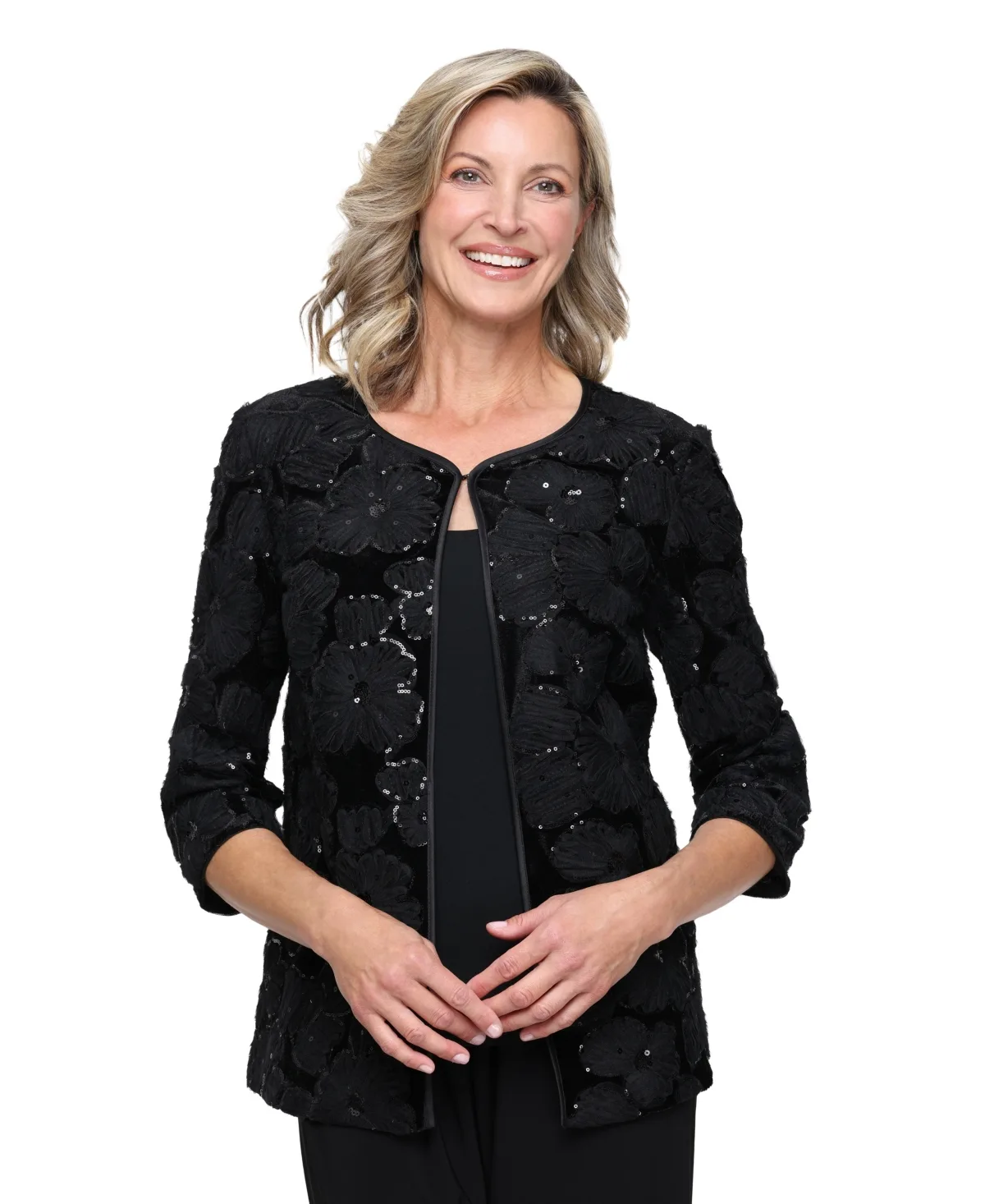 3/4-Sleeve Sequin Velvet Mock Twinset by Alex Evenings