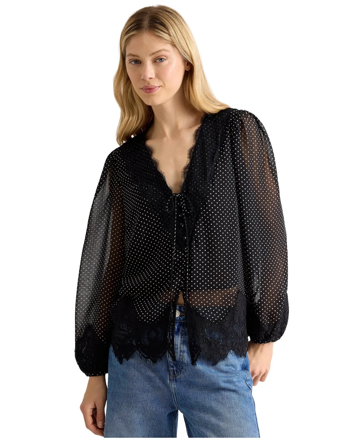 Polka-Dot Lace-Trim Long-Sleeve Blouse by Albaray