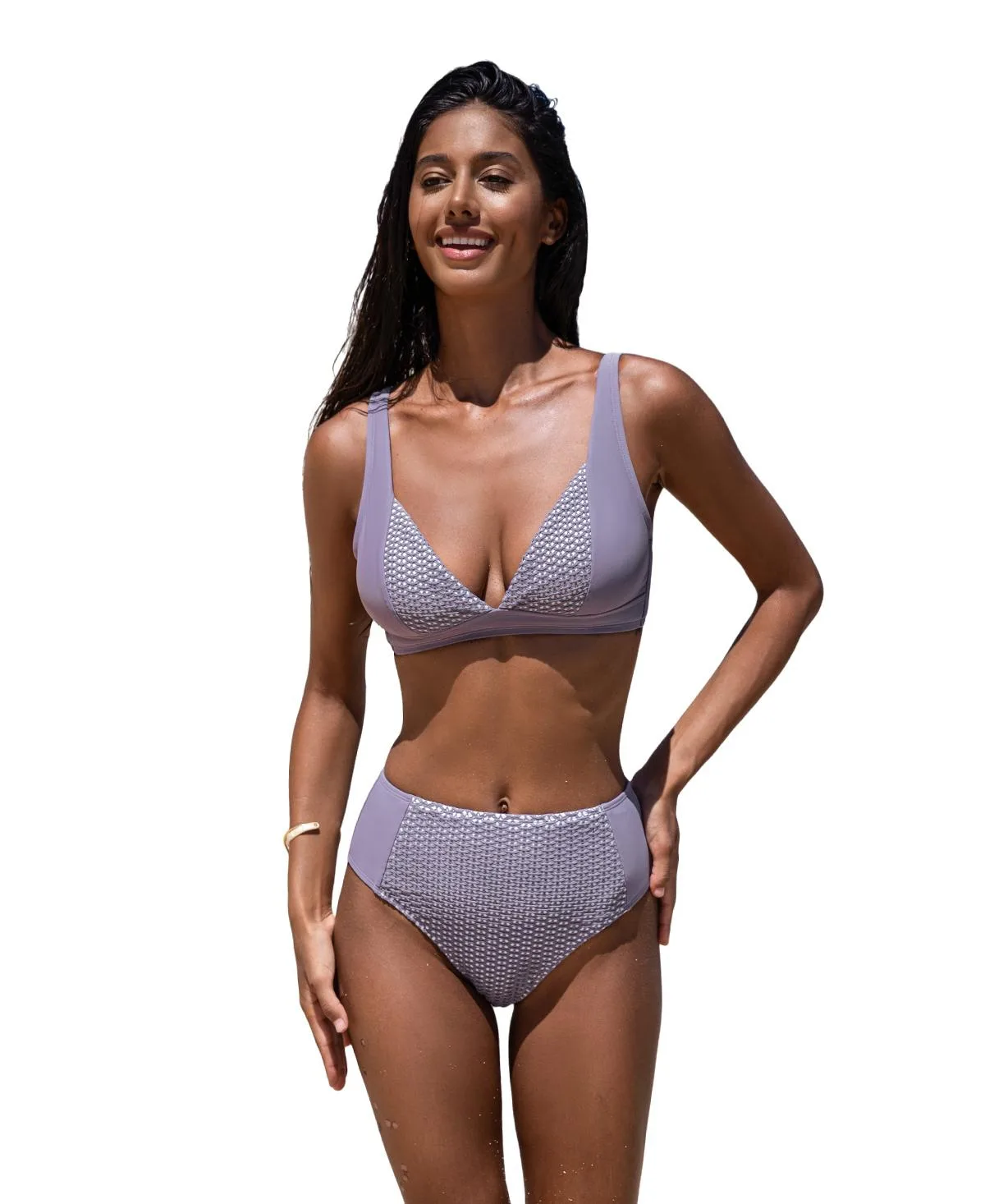 Panel Spliced High Waist Bikini Set by Cupshe