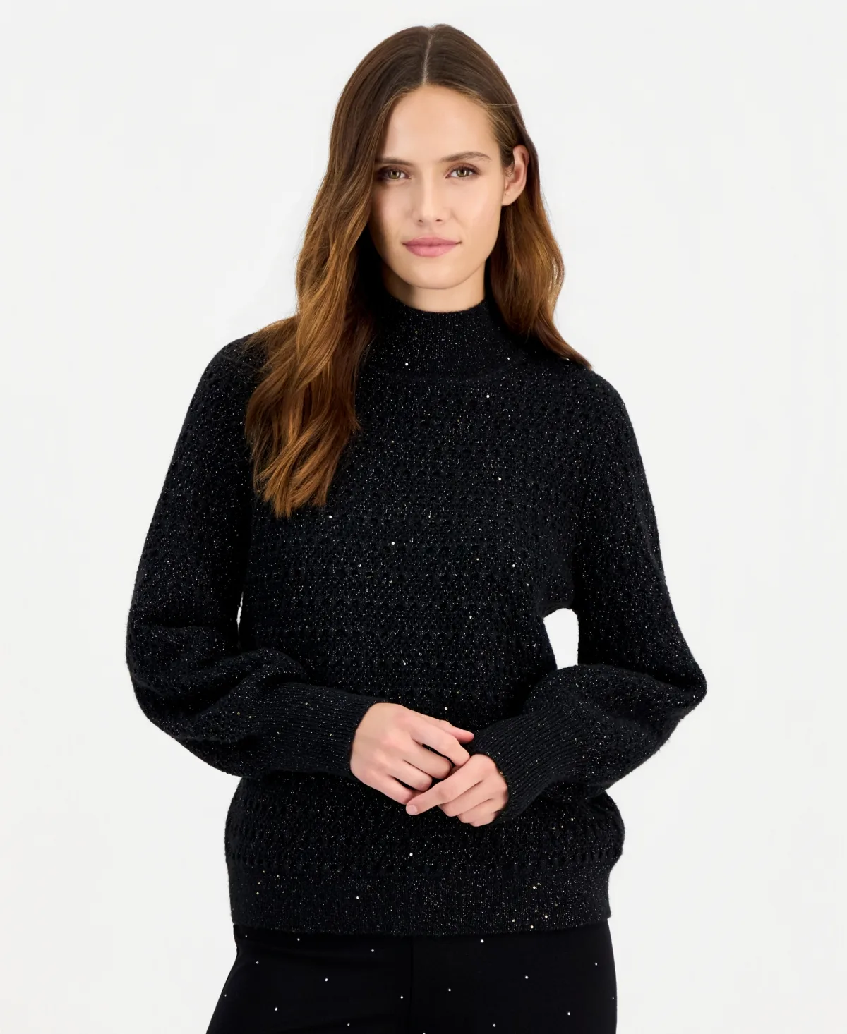 Puff-Sleeve Sequin Mockneck Sweater by Anne Klein