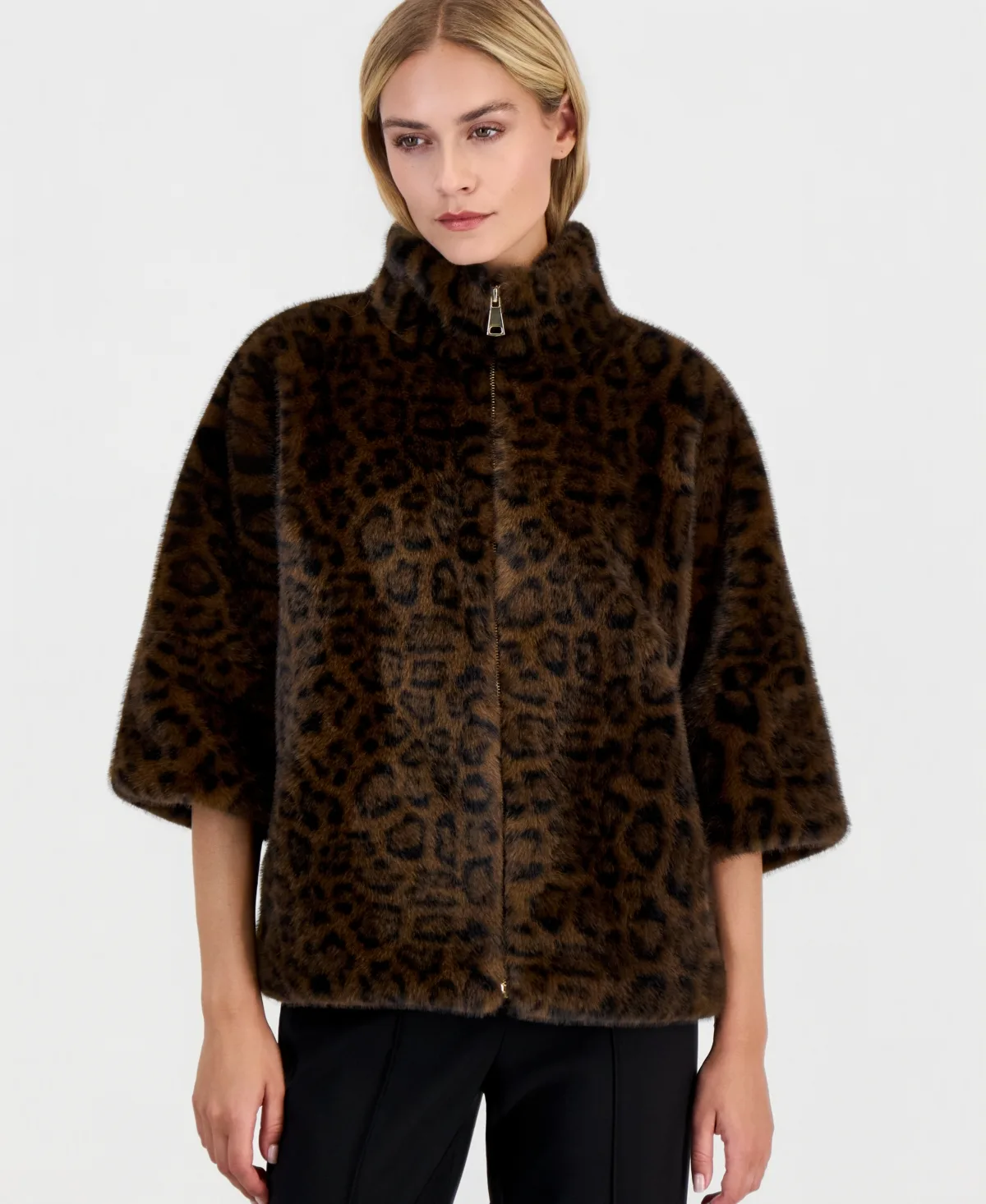 T Tahari Faux Fur 3/4-Sleeve Mock Neck Jacket by Tahari