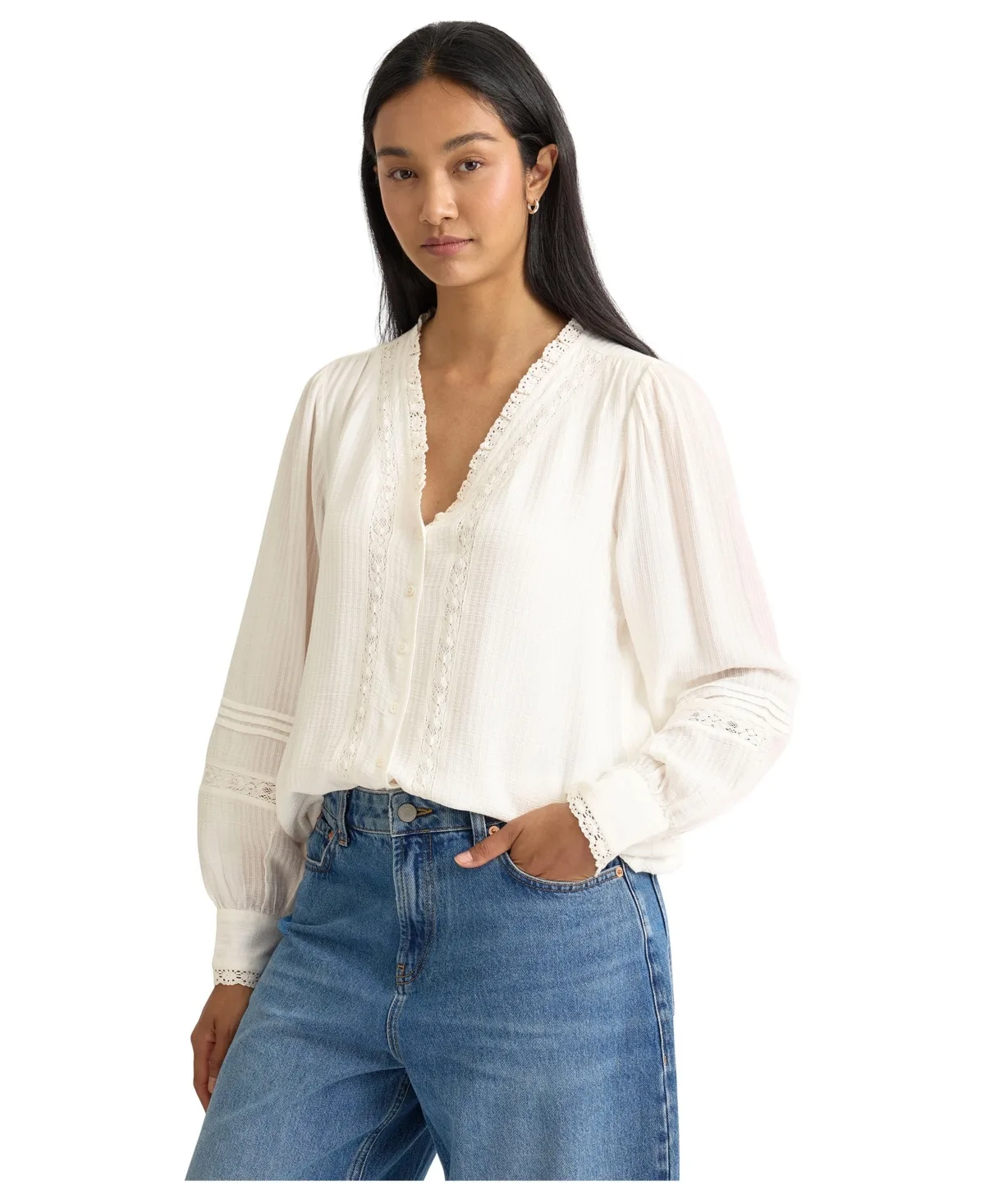Lace Trim V Neck Blouse by Albaray