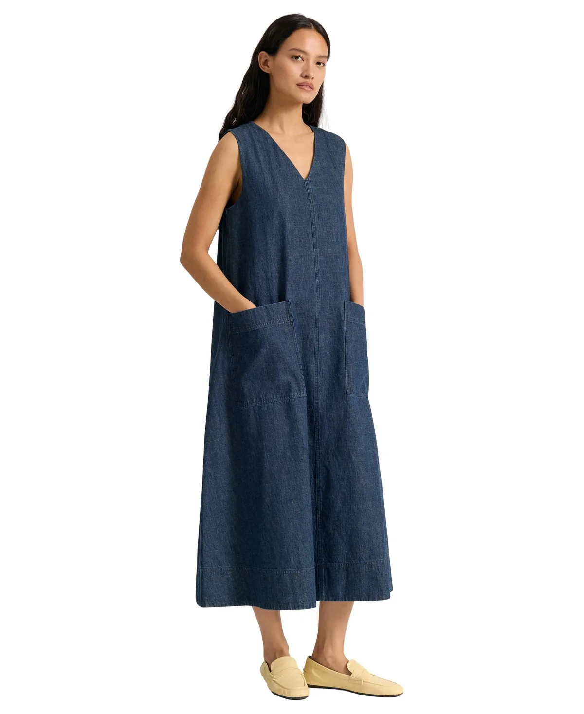 V-Neck A-Line Midi Denim Dress by Albaray