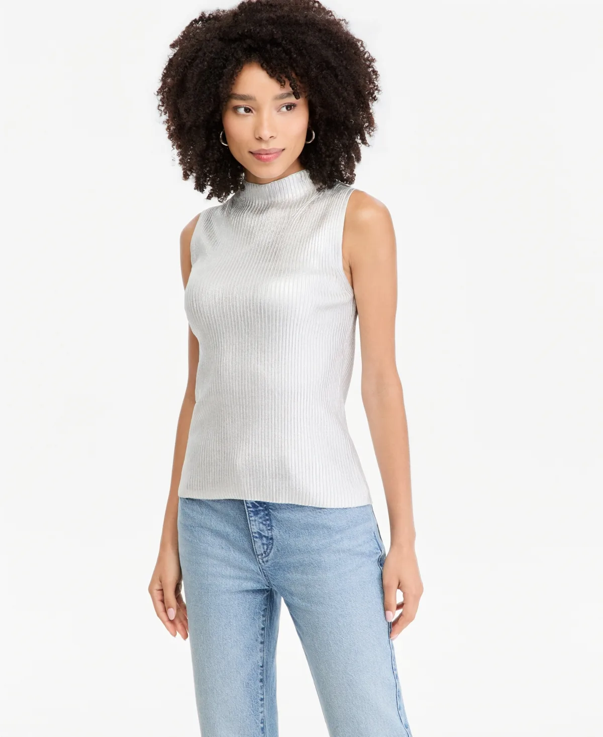 Sleeveless Mockneck Foil Tank