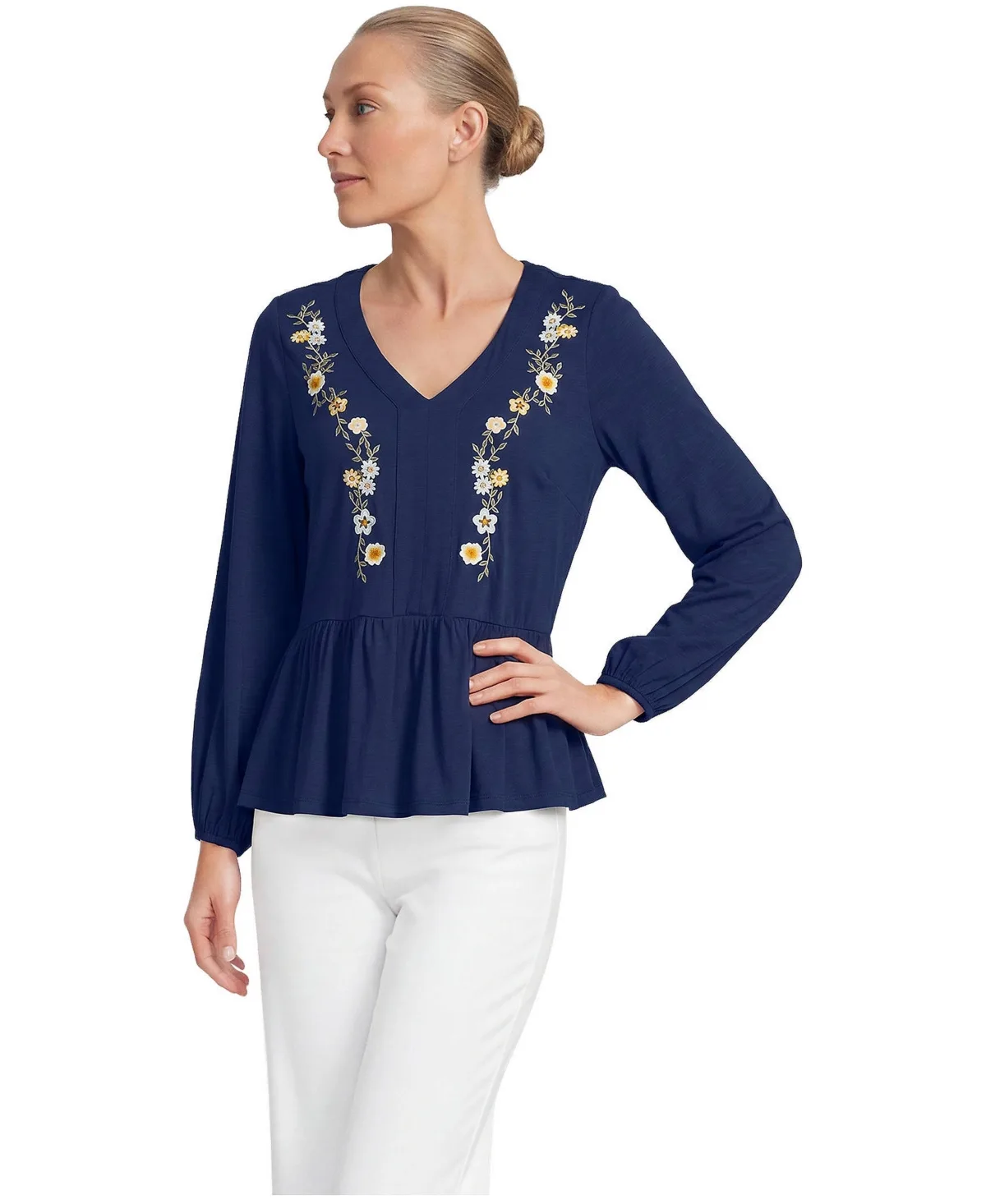 Long Sleeve Slub Jersey V-Neck Embroidered Tiered Blouse by Lands' End