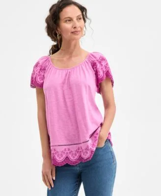 Scoop Neck Embroidered Short Sleeve Top by Style & Co