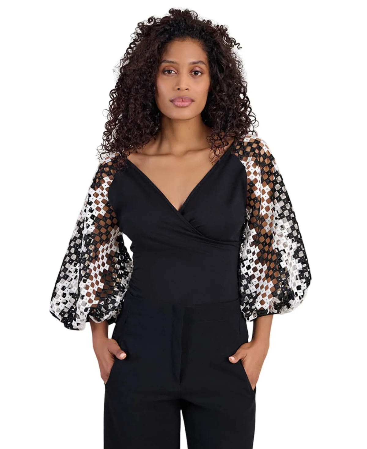 Mirella Balloon-Sleeve Faux-Wrap V-Neck Blouse by Anne Fontaine