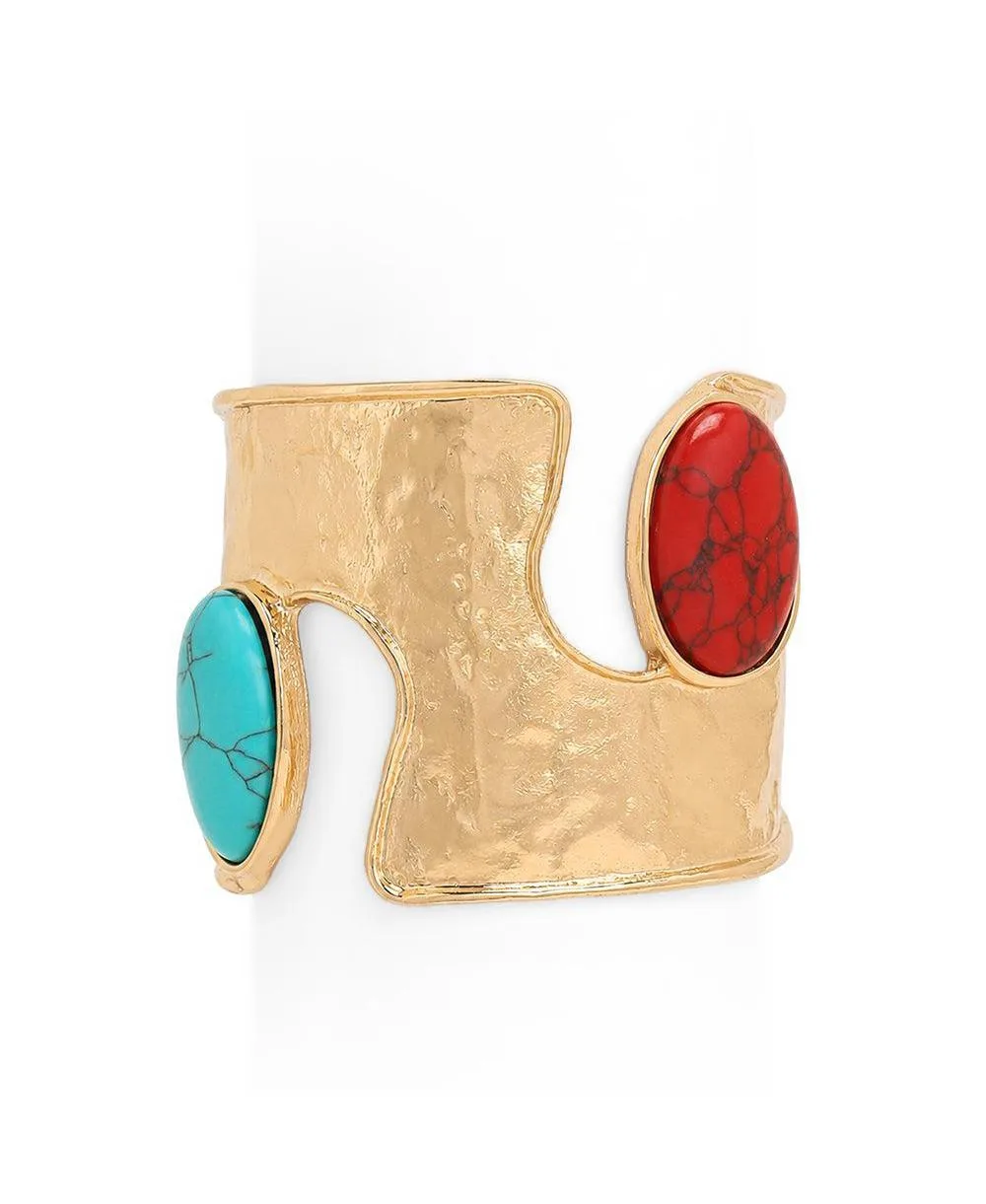 Turquoise and Coral Mosaic Cabochon Cuff Bracelet by Sohi