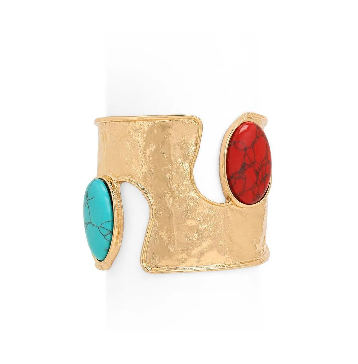 Turquoise and Coral Mosaic Cabochon Cuff Bracelet