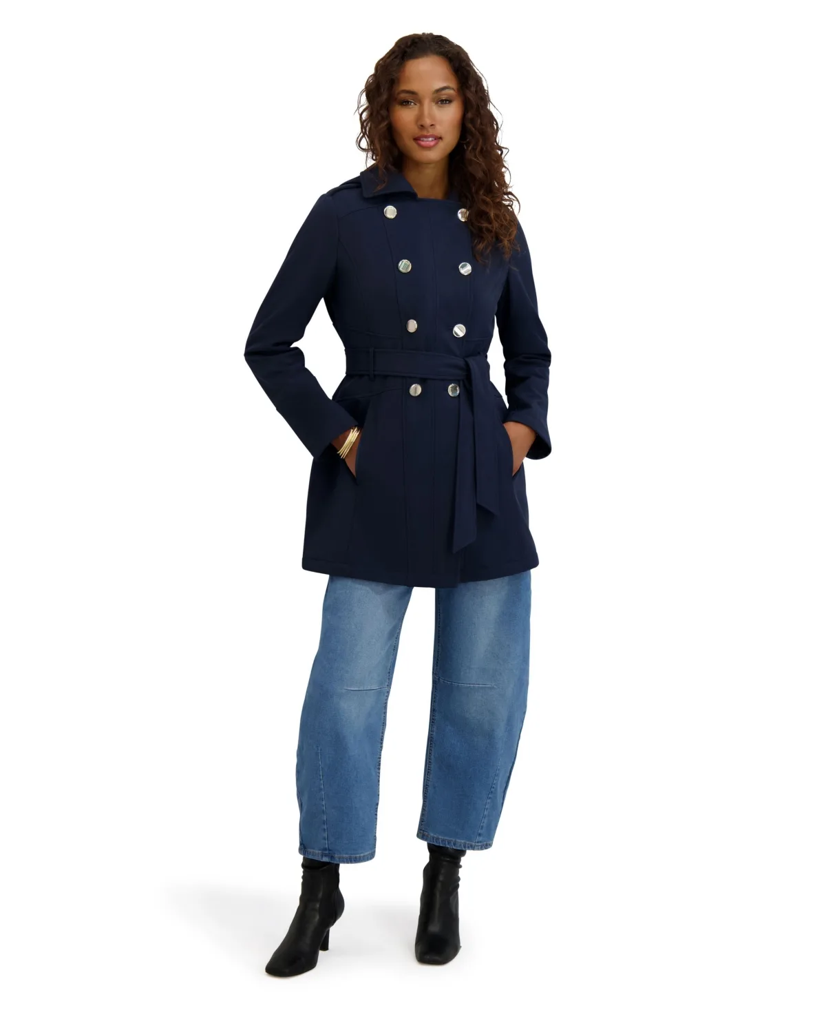 Double-Breasted Softshell Coat with Hood and Self-Tie Belt by Kensie