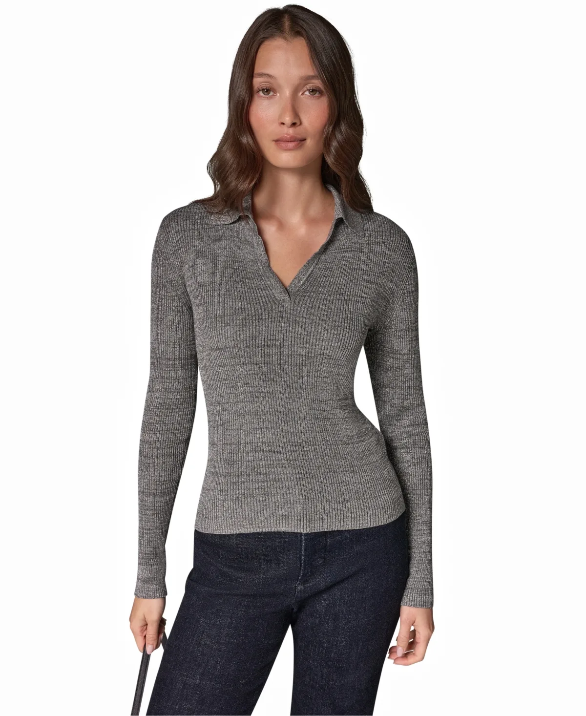 Lurex Long-Sleeve V-Neck Ribbed Polo by Donna Karan Weekend
