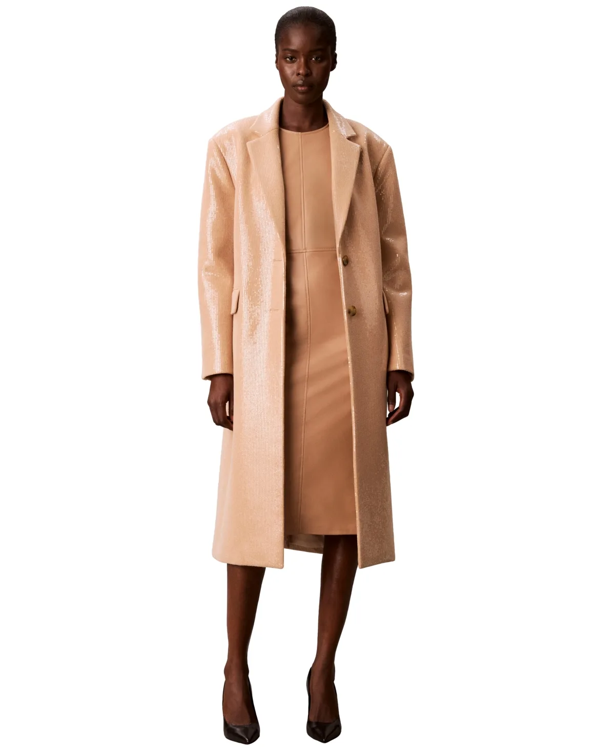 Double-Breasted Sequined Long Overcoat by Calvin Klein