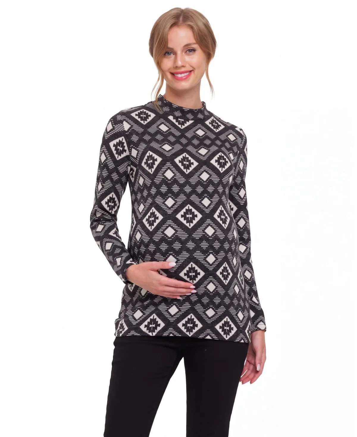 Mock Neck Print Long Sleeve Top by Hello Miz