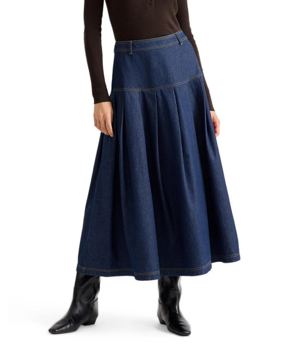 Drop Waist Pleated Denim Midi Skirt by Albaray