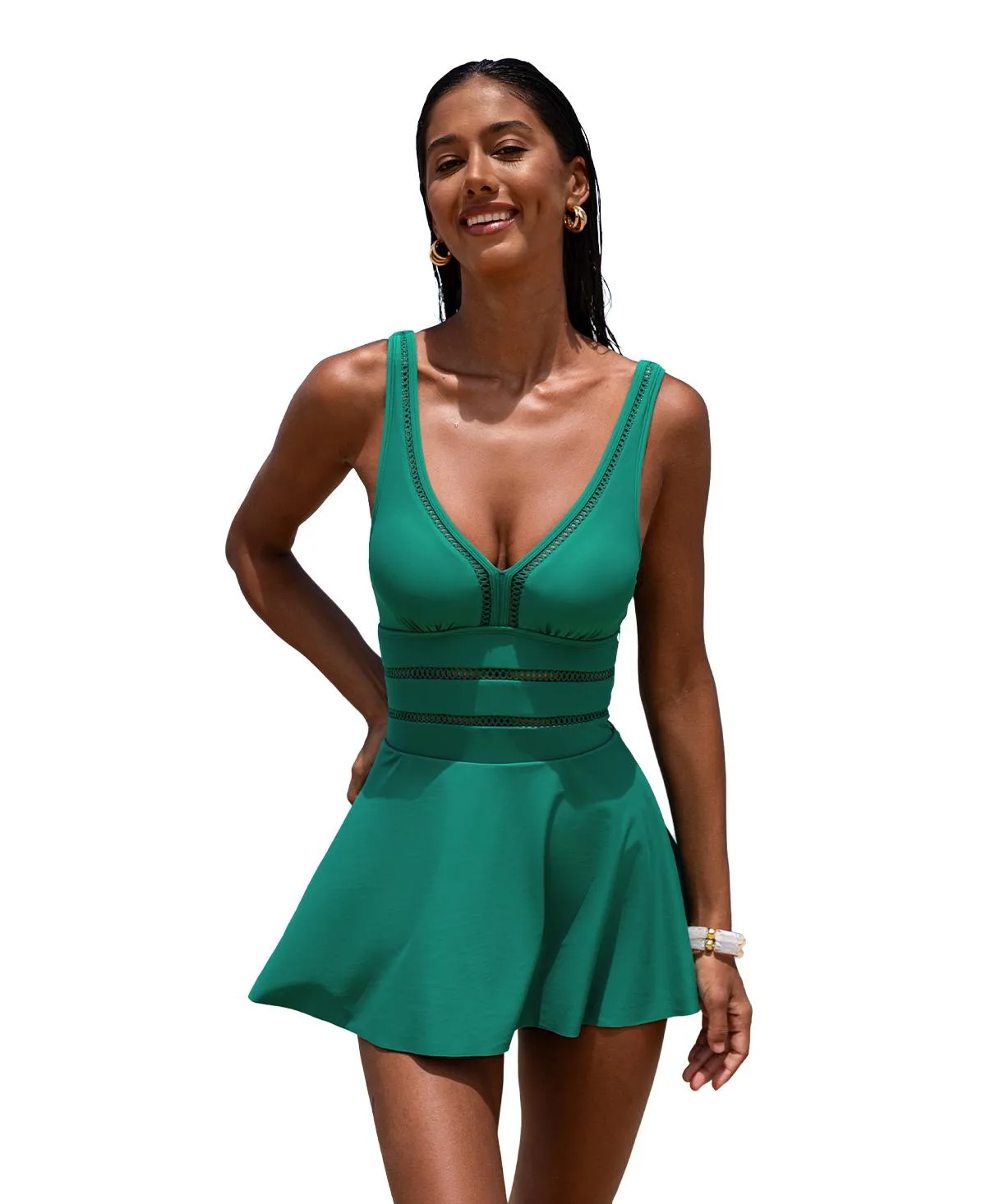 V Neck Mesh Trim Swim Dress by Cupshe