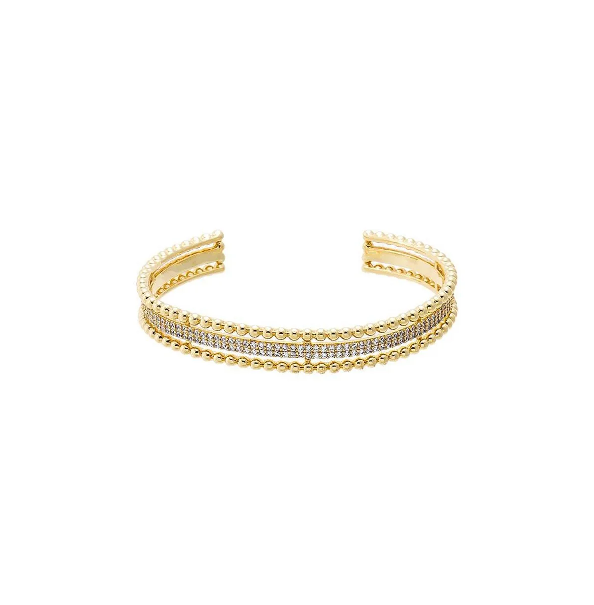 Cz 14K Gold Plated Beaded Multi Row Pave Open Bangle