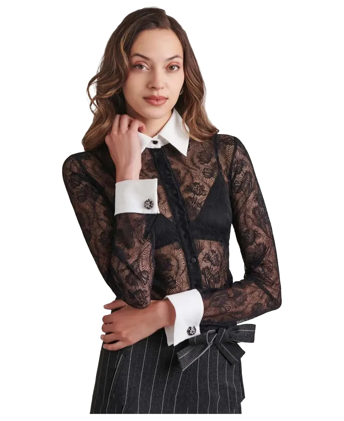 Yvonna Long-Sleeve Lace French-Cuff Shirt by Anne Fontaine