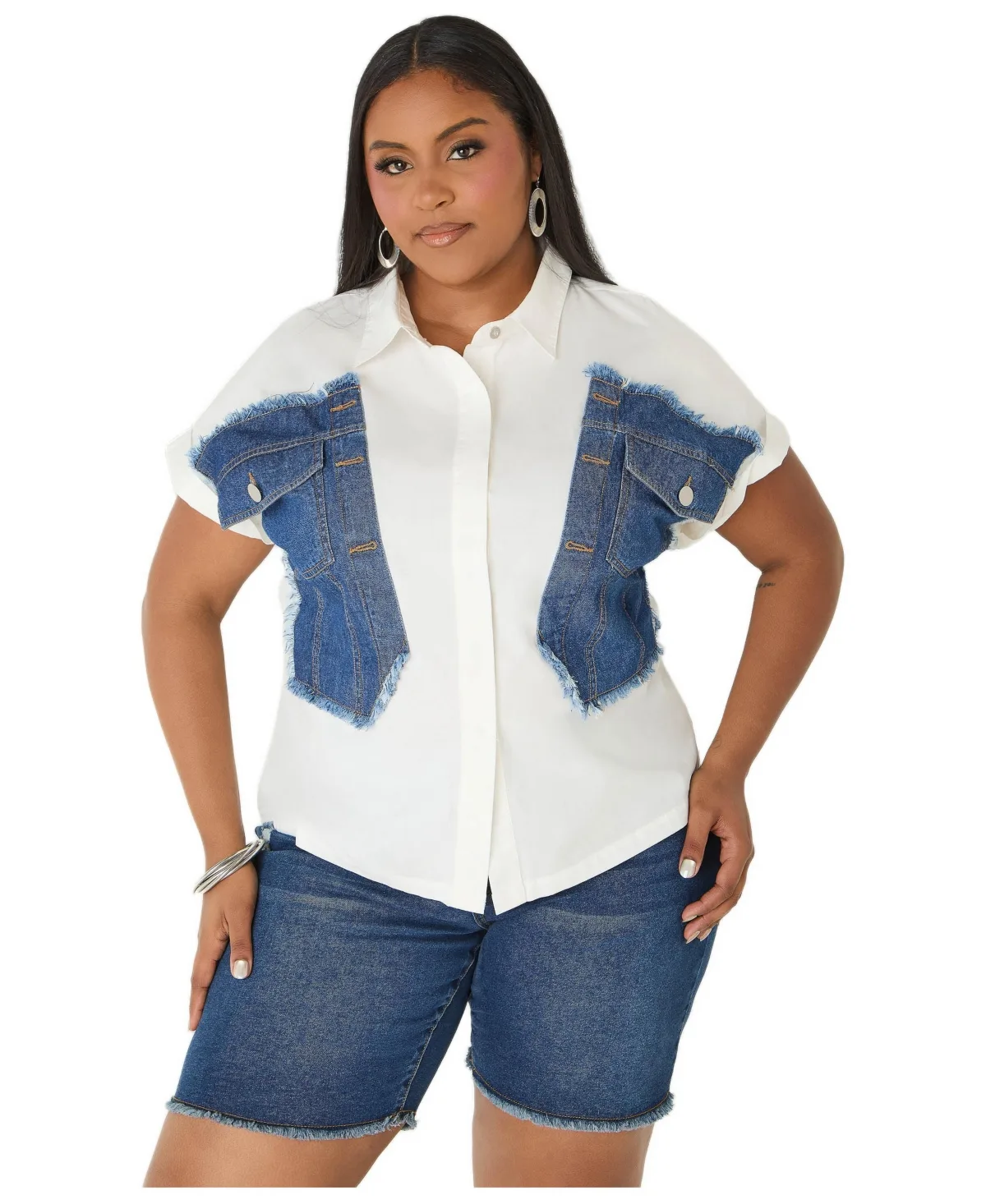 Denim Patchwork Cotton Shirt by Ashley Stewart