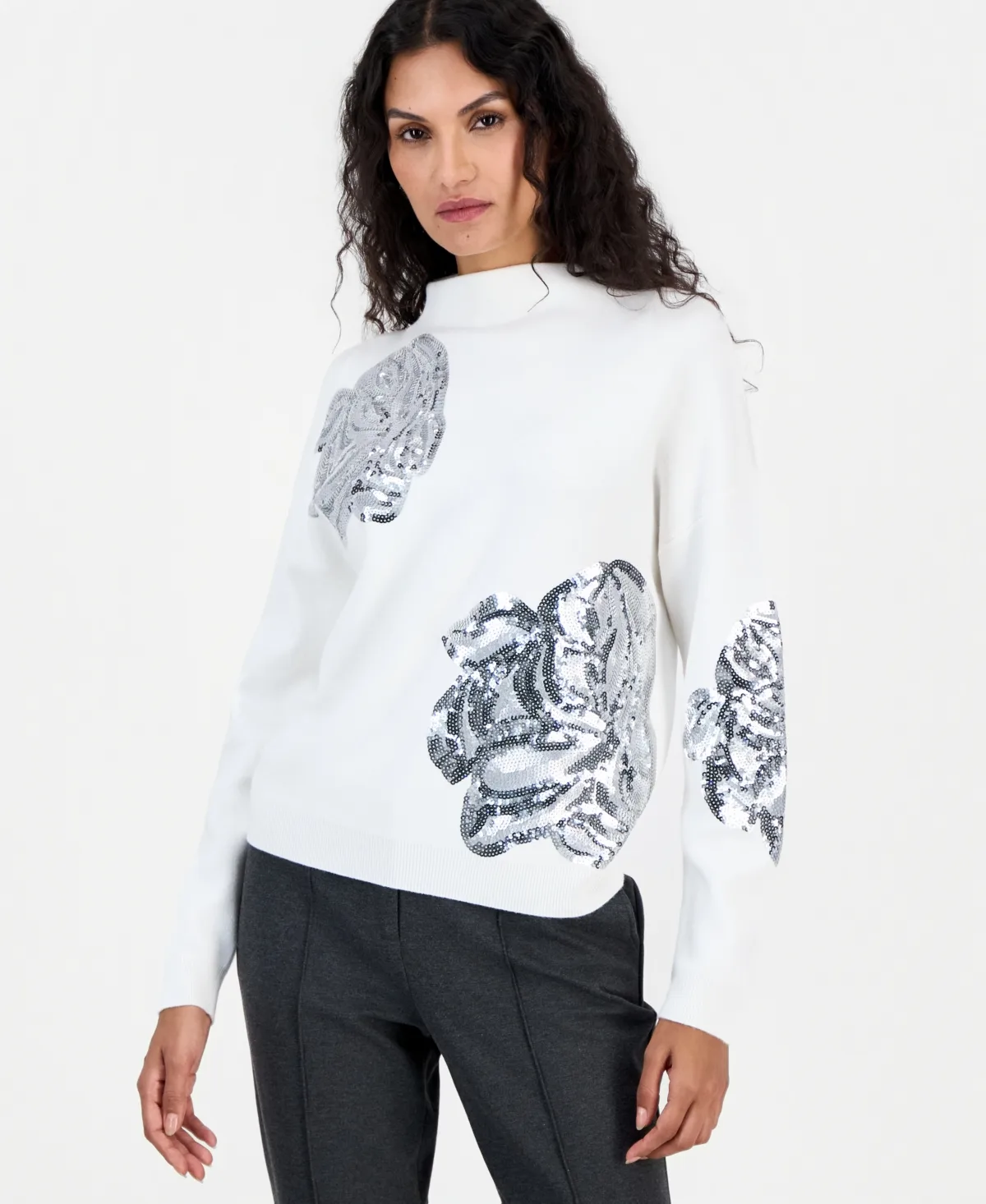 Sequin-Embellished Floral Mock Neck Sweater