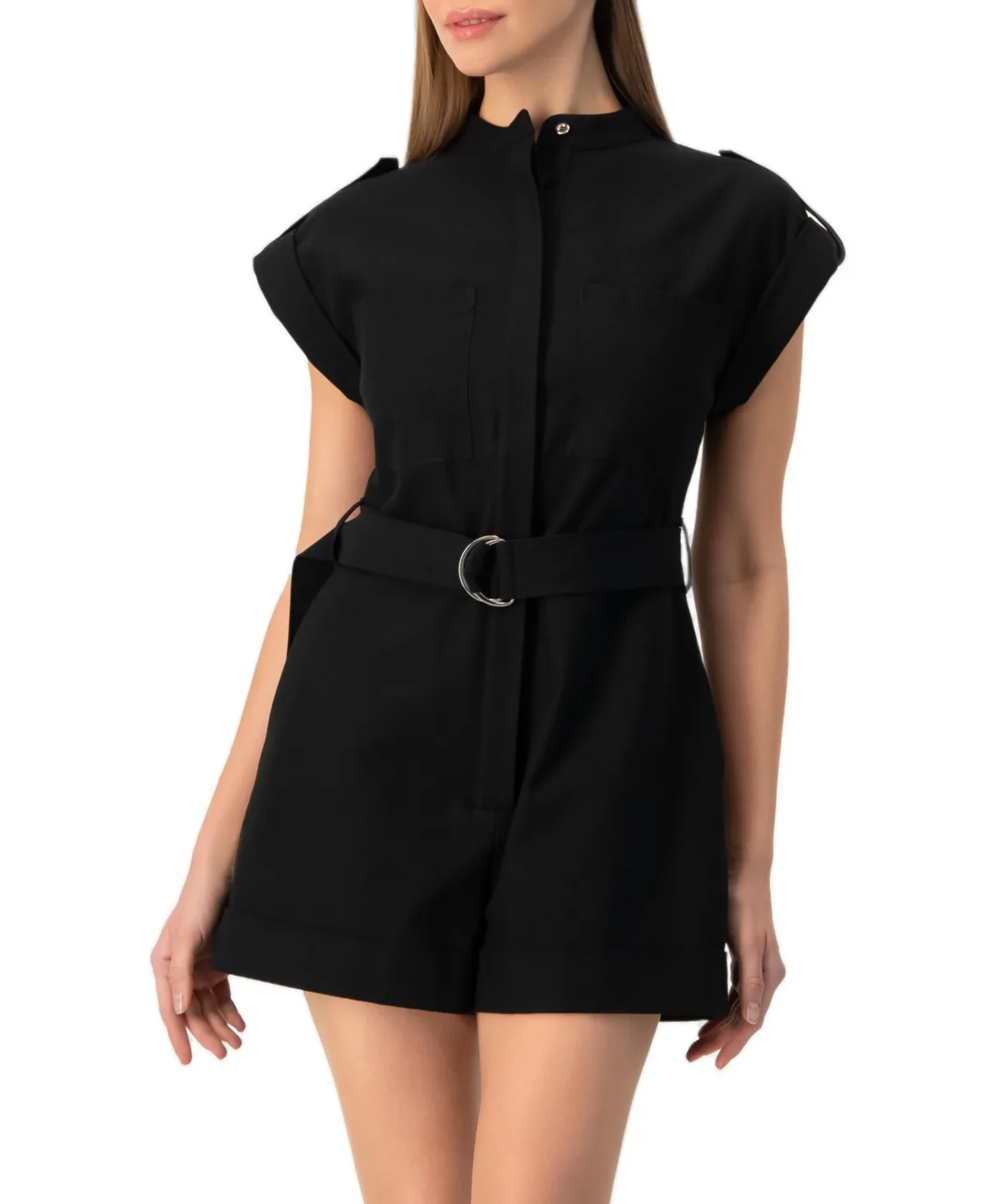 Structured D-Ring Belt Collared Sleeveless Jumpsuit Romper by Ivonne