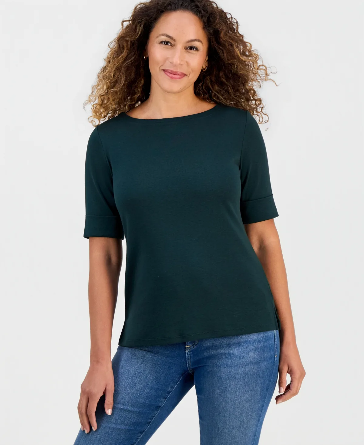 Cotton Elbow-Sleeve Boat-Neck Top