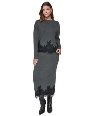 Lace Trim Long Sleeve Loose Fit Sweater Lace Trim High Waisted Midi Skirt by DKNY