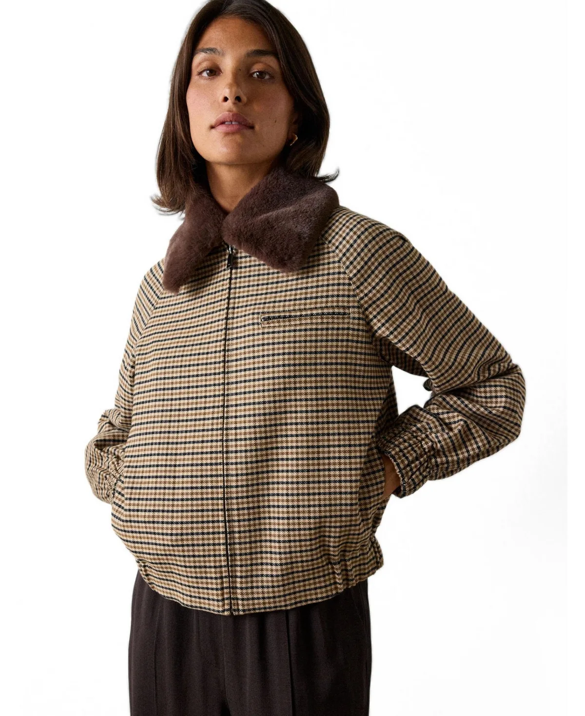 Fur Collar Checked Bomber Jacket by Whistles