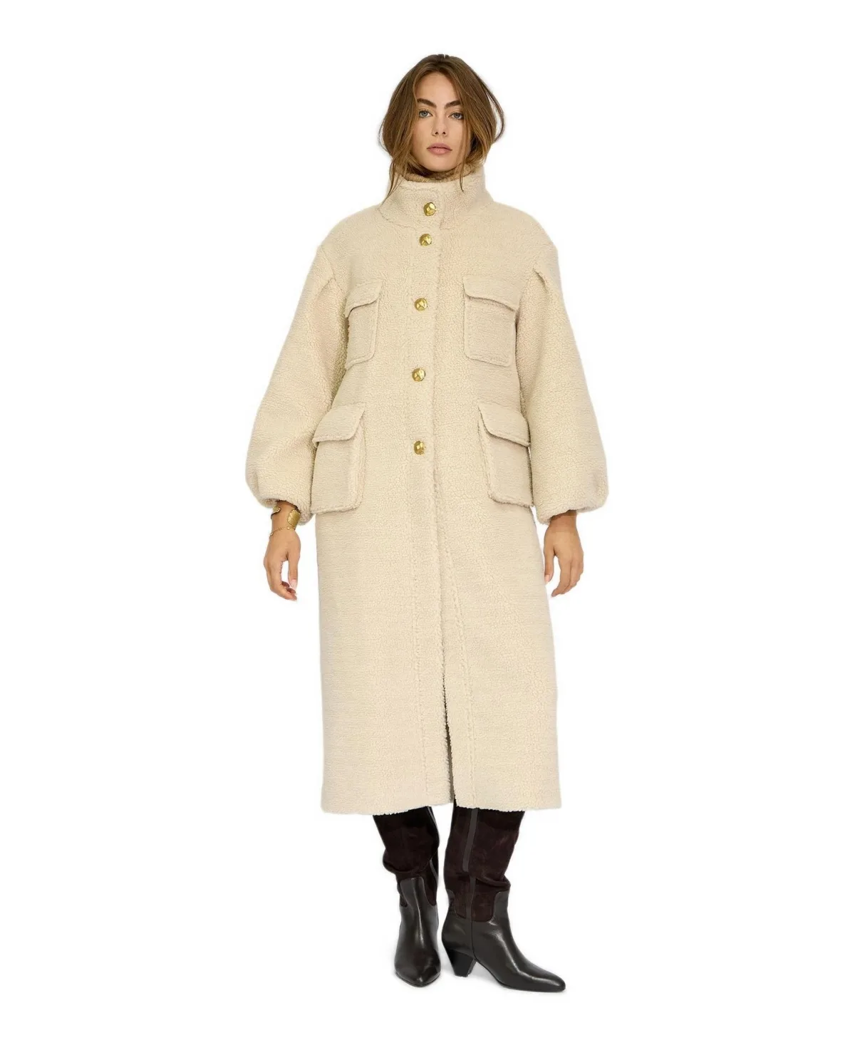 Cozy Nights High-Funnel Neckline Balloon-Sleeve Faux Shearling Coat