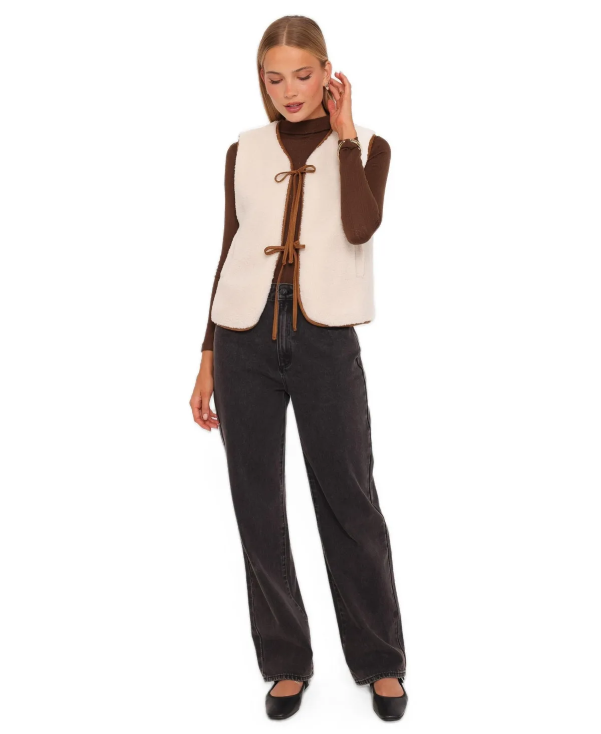 Laila Tie Front Lined Shearling Vest by Petal and Pup