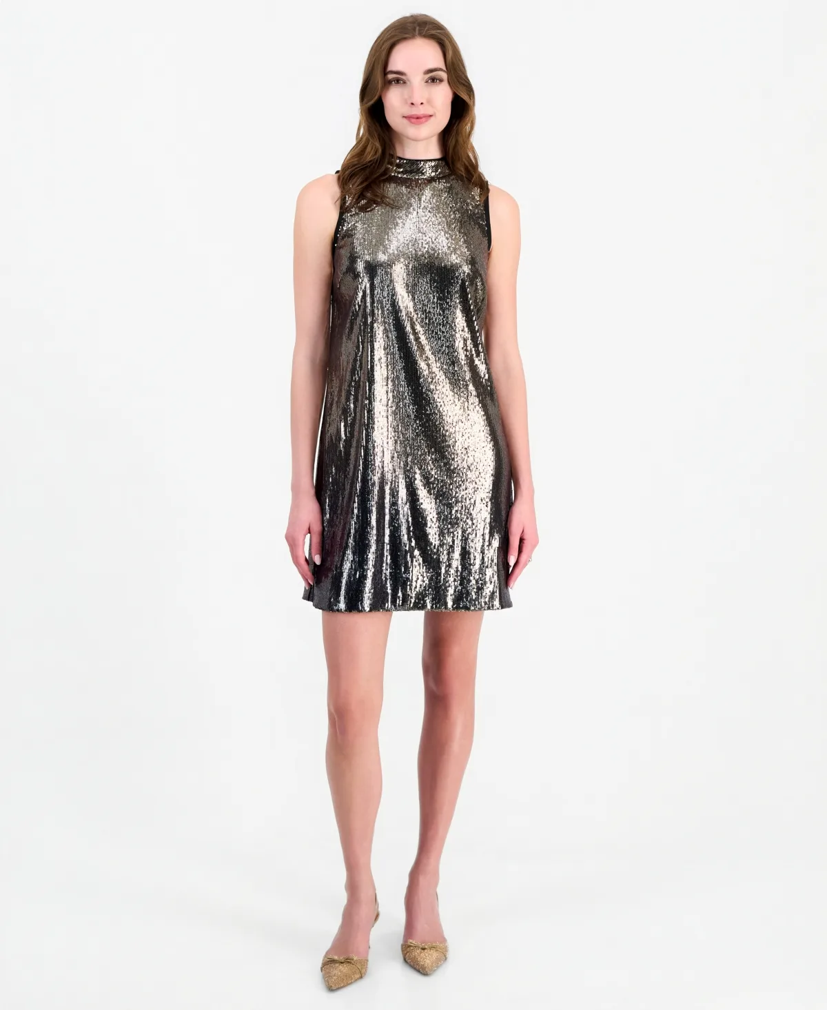 Sequin Mock-Neck Sleeveless Shift Dress by Robbie Bee