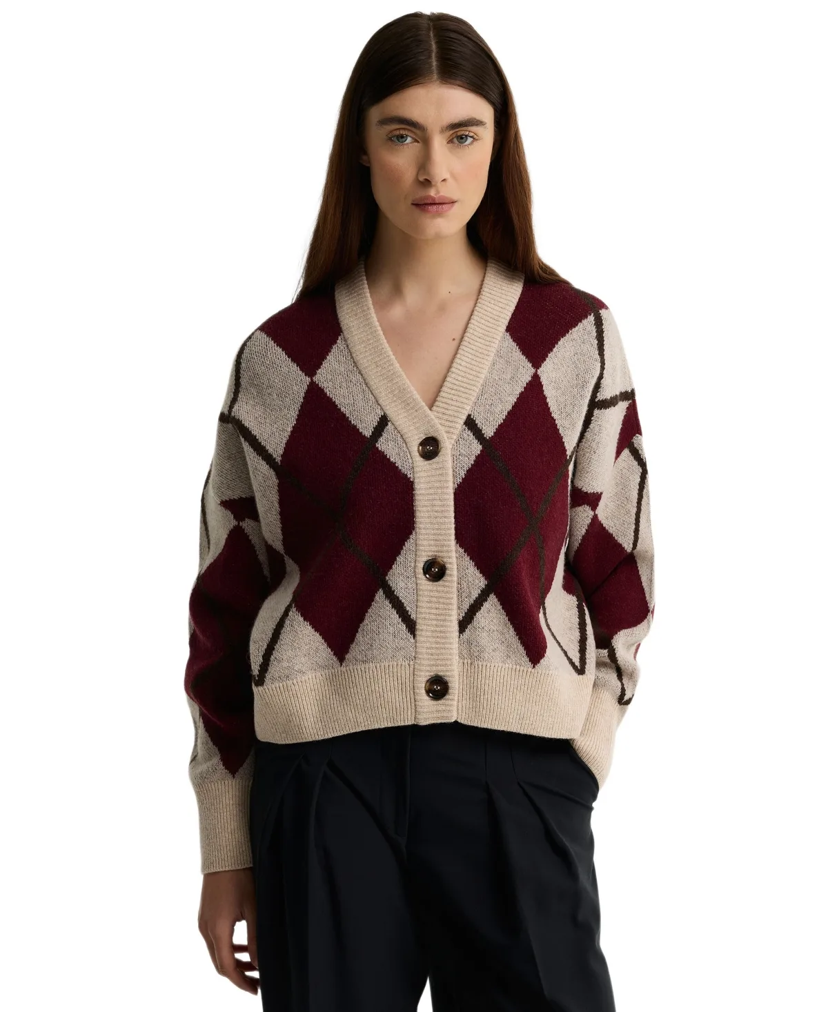 Harleigh Argyle Long-Sleeve V-Neck Wool-Blend Cardigan by Barbour