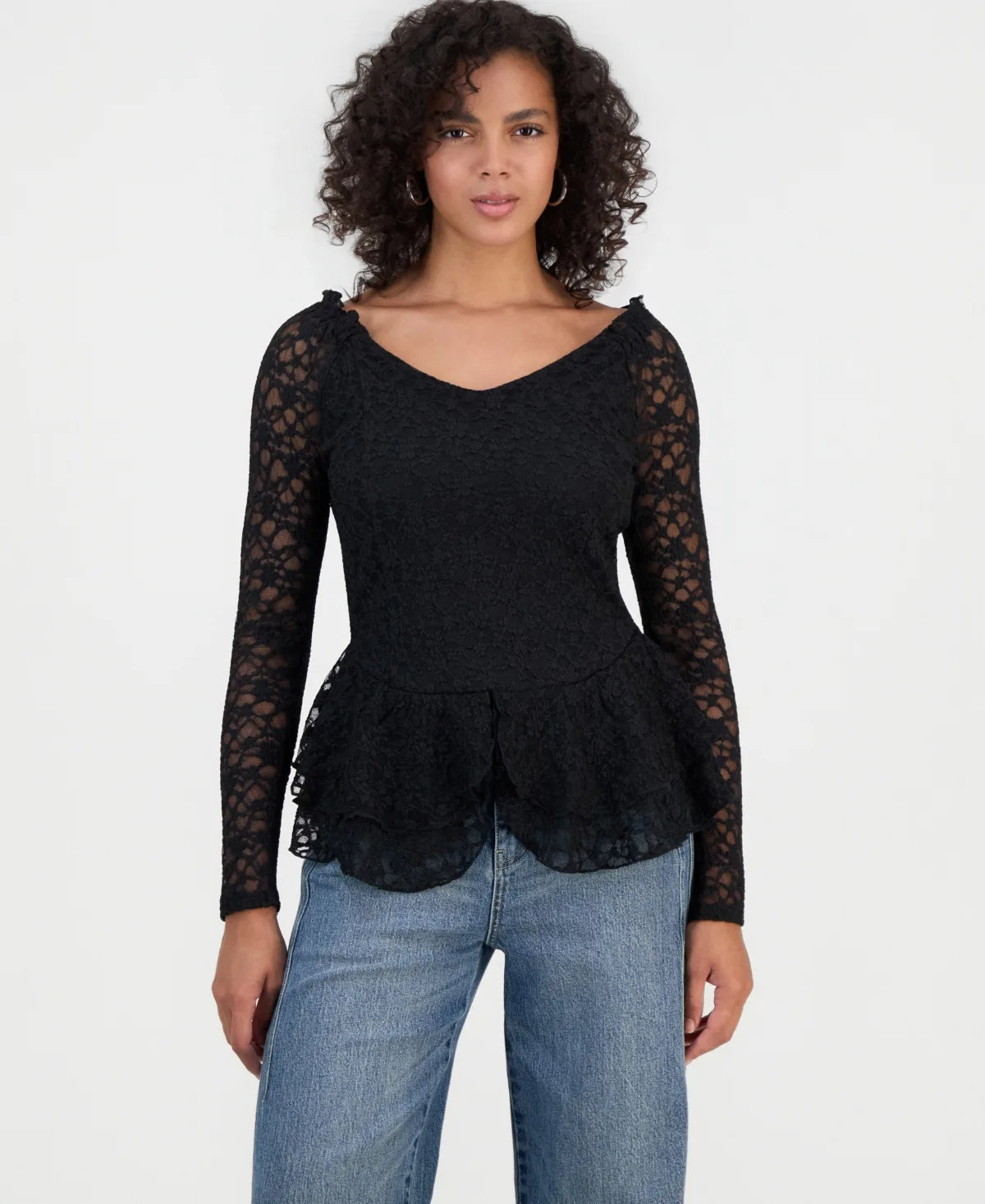 Lace Peplum Long-Sleeve Top