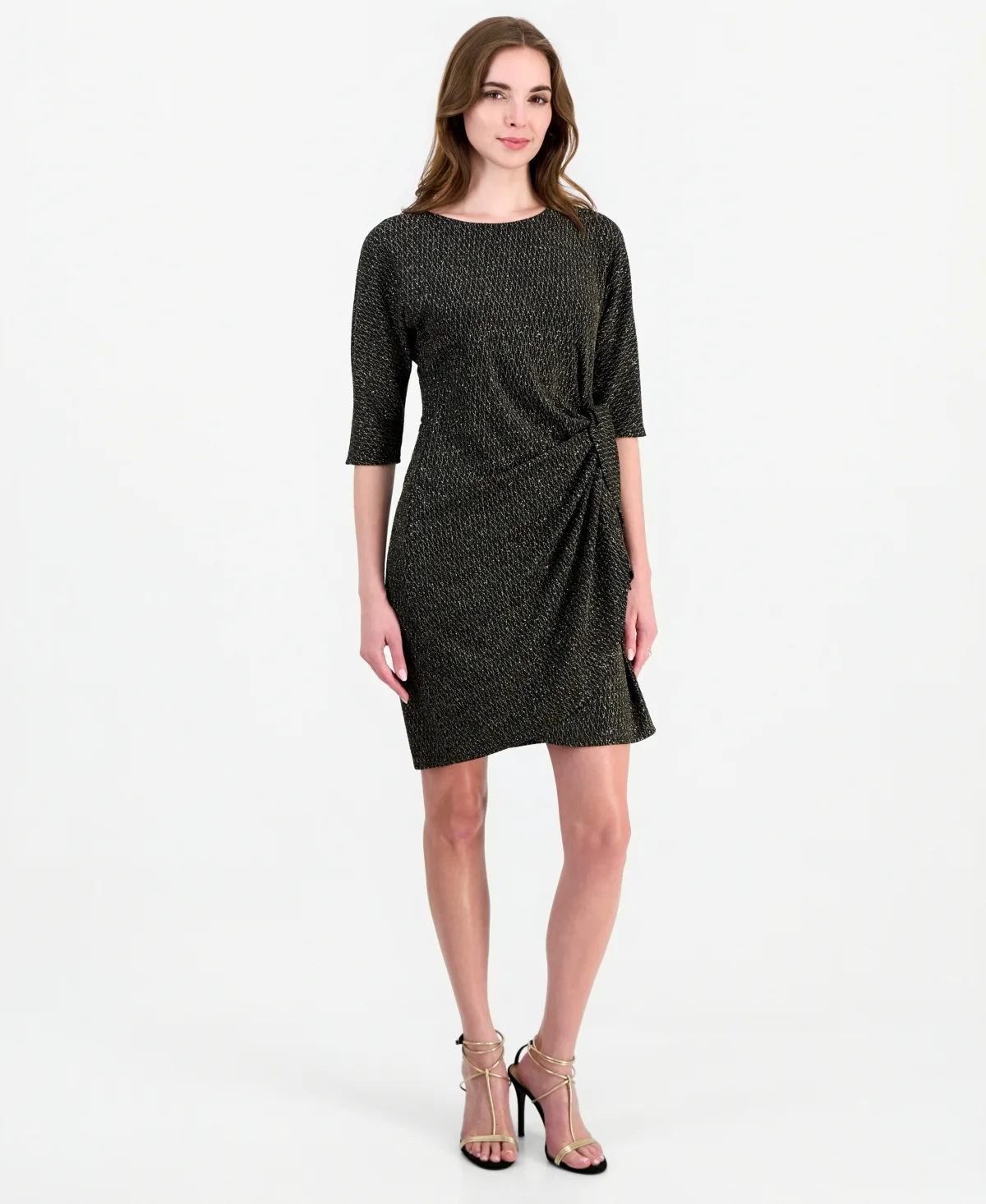 Three-Quarter Sleeve Ruched Sarong Wrap Dress by Robbie Bee
