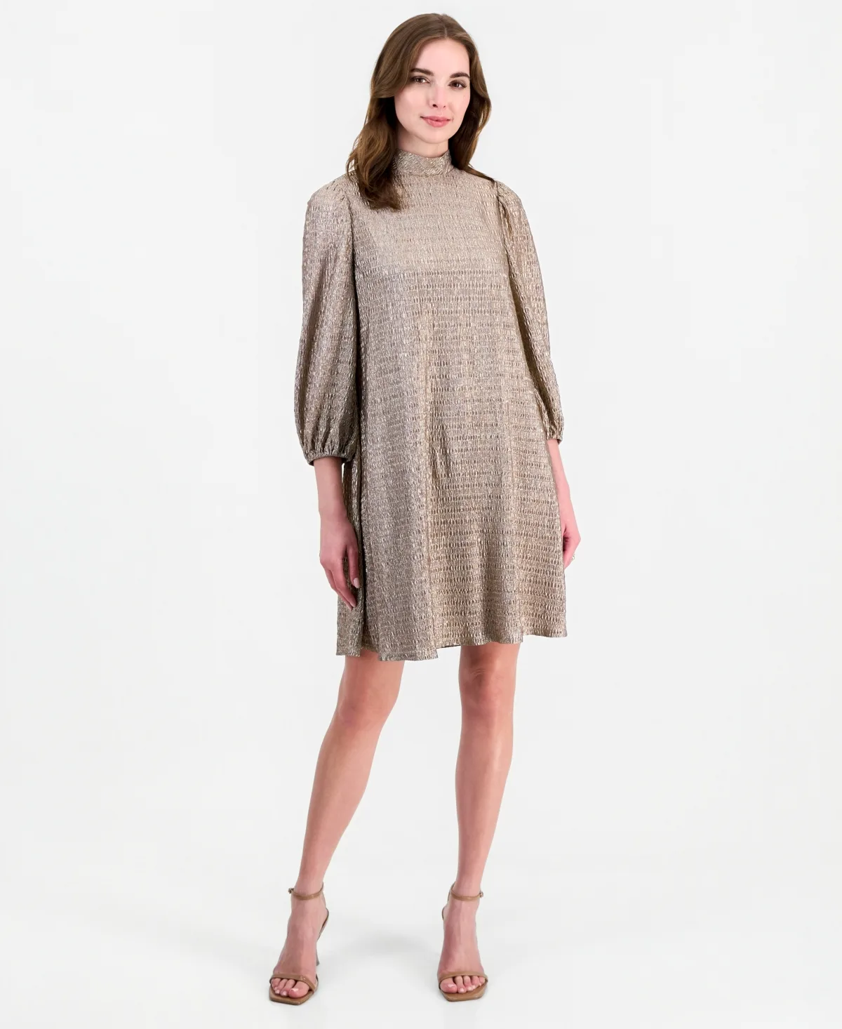 Mock-Neck Three-Quarter-Balloon-Sleeve Foil-Knit A-Line Dress
