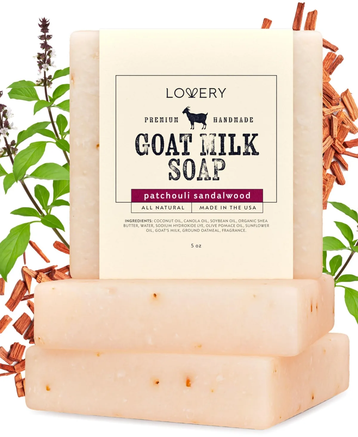 Handmade Goat Milk Soap Bars with Shea Butter - 3Pack Patchouli Sandalwood Scent Made in Usa by Lovery