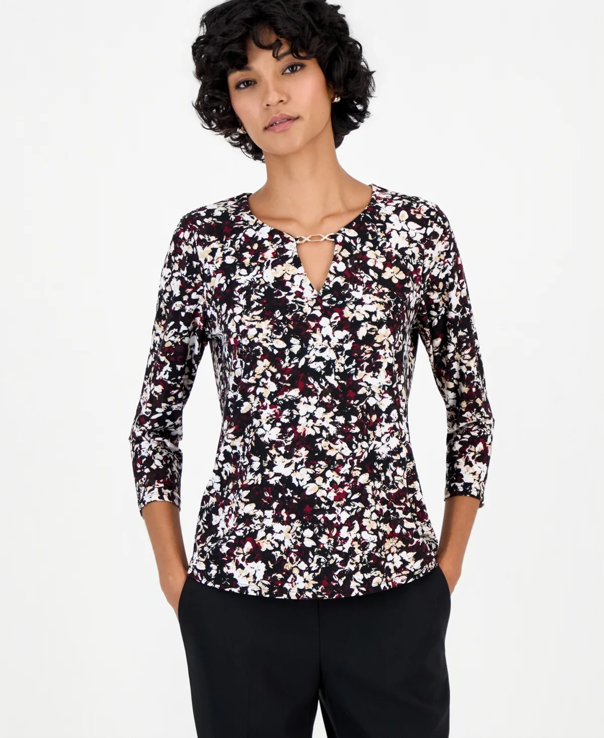 Petite Floral-Print 3/4 Sleeve Top by Jones New York