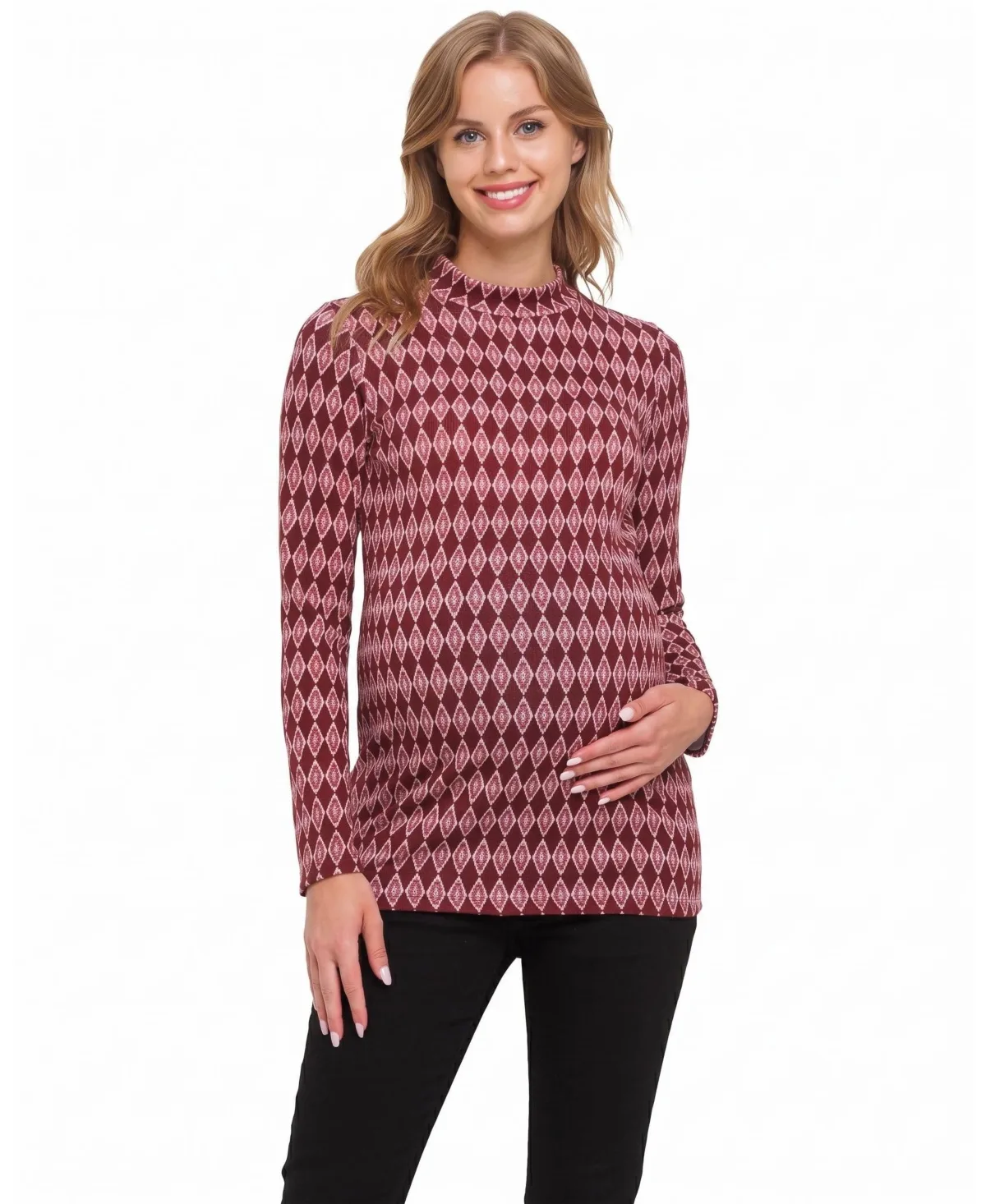 Mock-Neck Diamond-Print Long-Sleeve Top by Hello Miz
