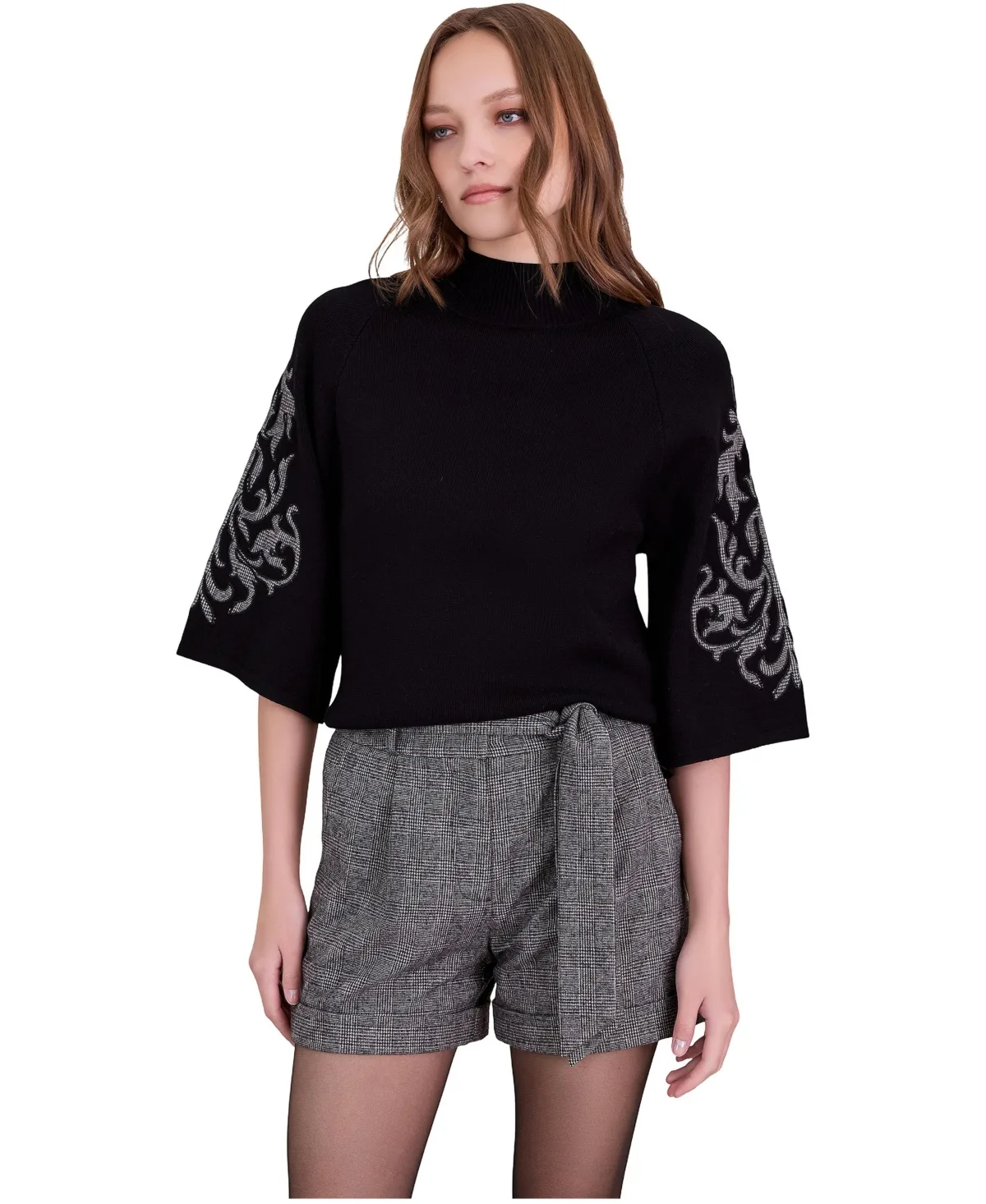 Geri Mock-Neck Bell-Sleeve Plaid-Applique Pullover by Anne Fontaine
