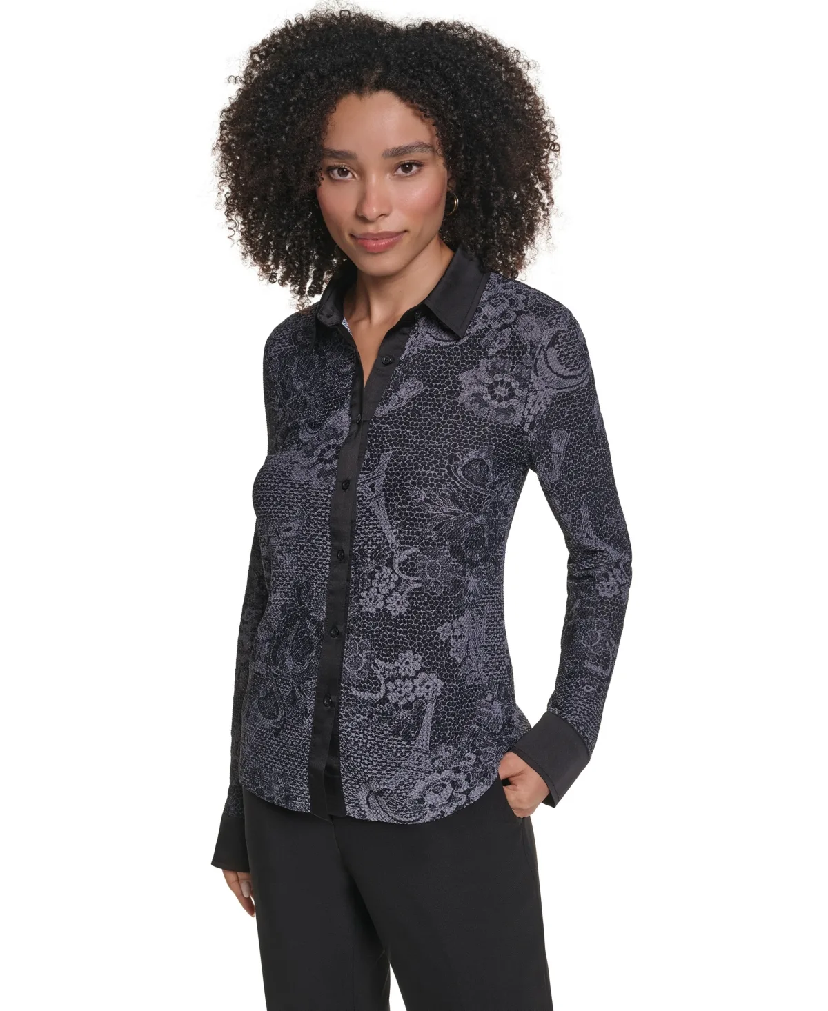 KL2008 Long-Sleeve Button-Up Point Collar Blouse by Karl Lagerfeld