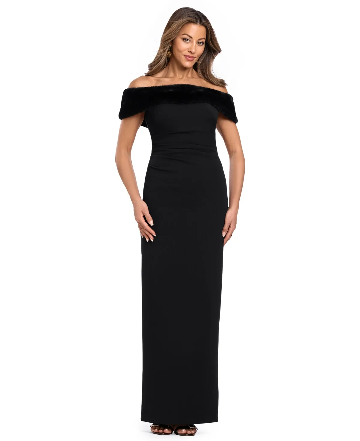 Off-the-Shoulder Ruched Faux-Fur Gown by Xscape