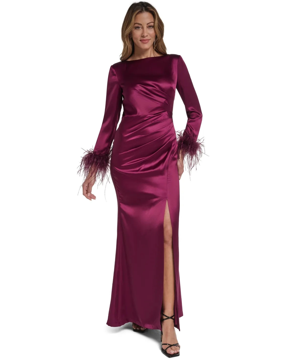 Feather-Trim Long-Sleeve Wedding Guest Gown by Eliza J