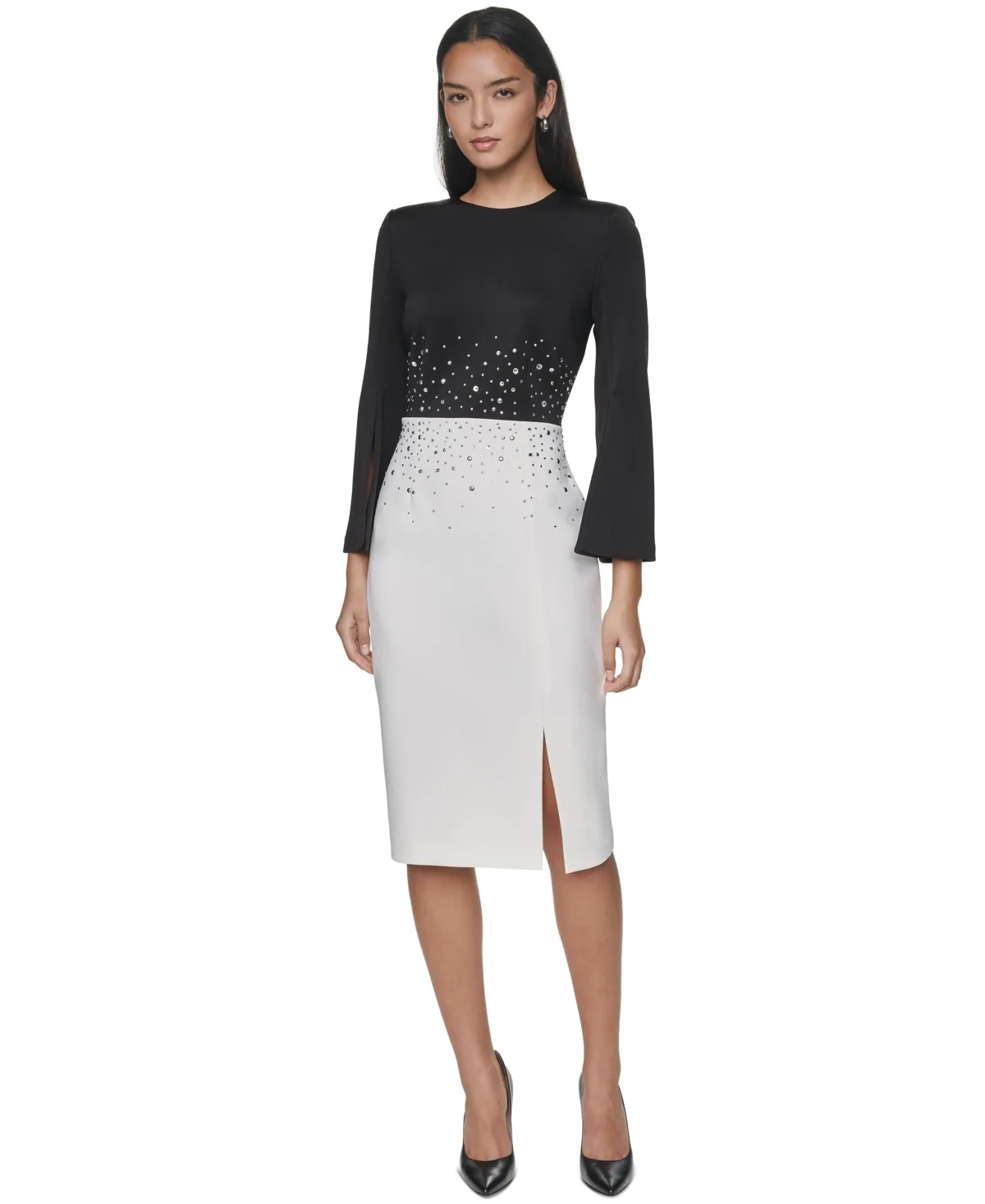 Heat Fix Detail Embellished Bell-Sleeve Midi Dress by Calvin Klein