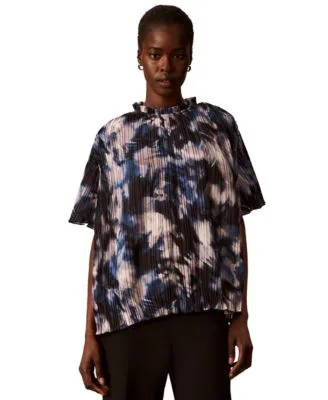 Short Sleeve Ruffle Neck Pleated Blouse by Calvin Klein