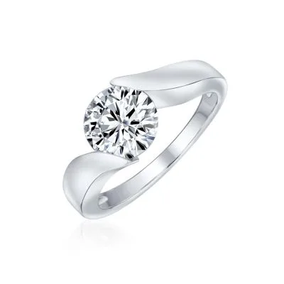 Modern 3ct Round Cz Tension Set Solitaire Promise Ring with Plain Band in Sterling Silver by Bling Jewelry