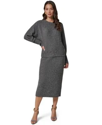Drop Shoulder Loose Fit Crewneck Sweater Straight Sweater Pull on High Waisted Midi Skirt by Donna Karan New York