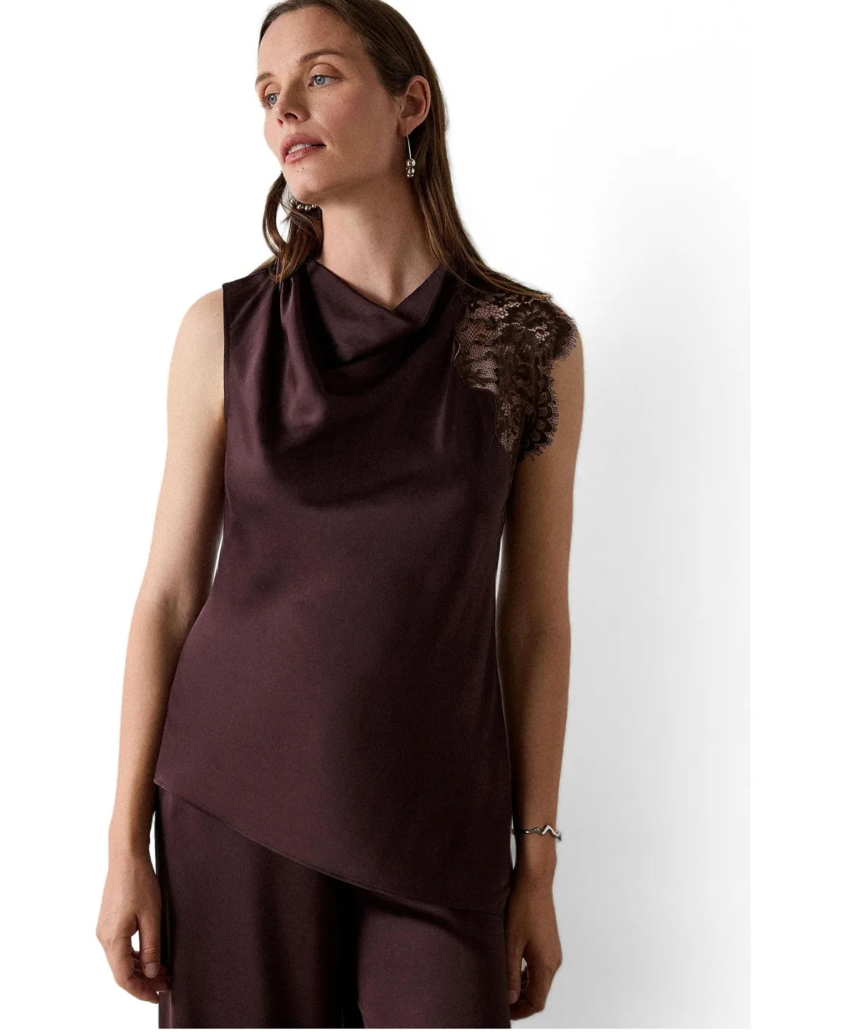 Lace Asymmetric Satin Sleeveless Top by Whistles