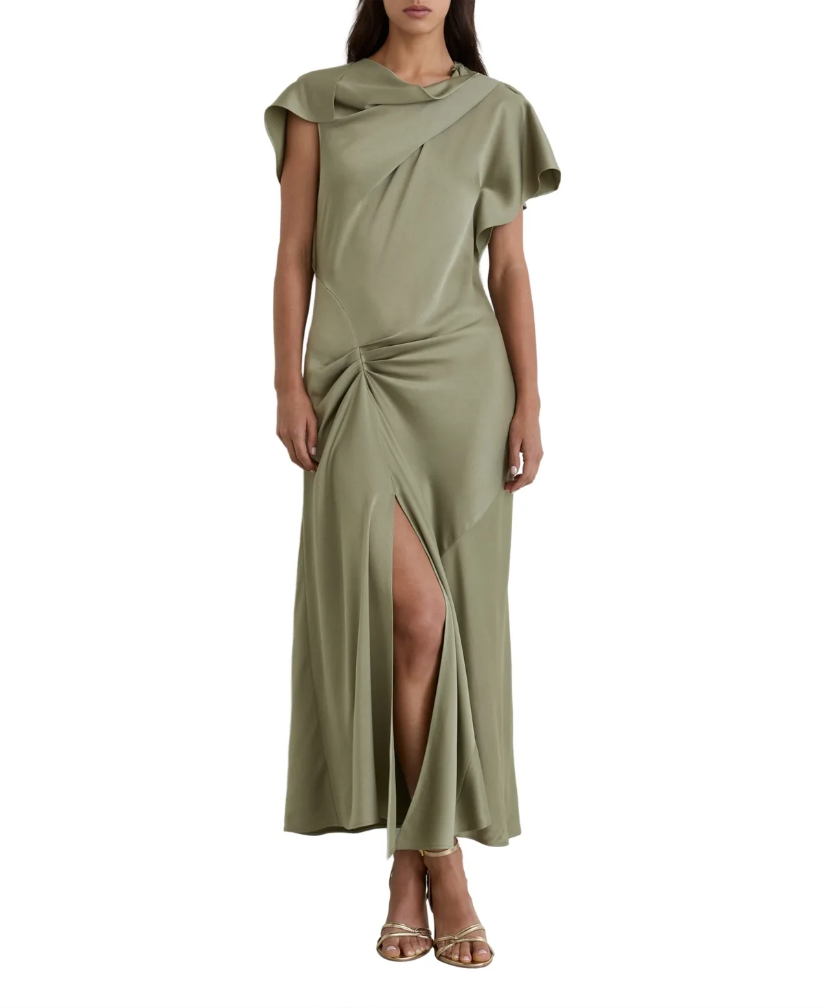 Sasha Cowl Neck Gathered-Draping Satin Midi Dress